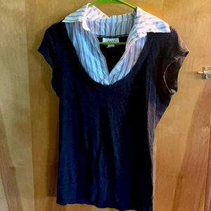 Grey T Shirt, Medium, white & grey striped collar